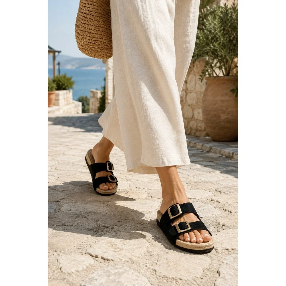 NEW Haute Hippie Nikki Black Suede Buckle Slide Sandals ESPADRILLE WOMEN 9